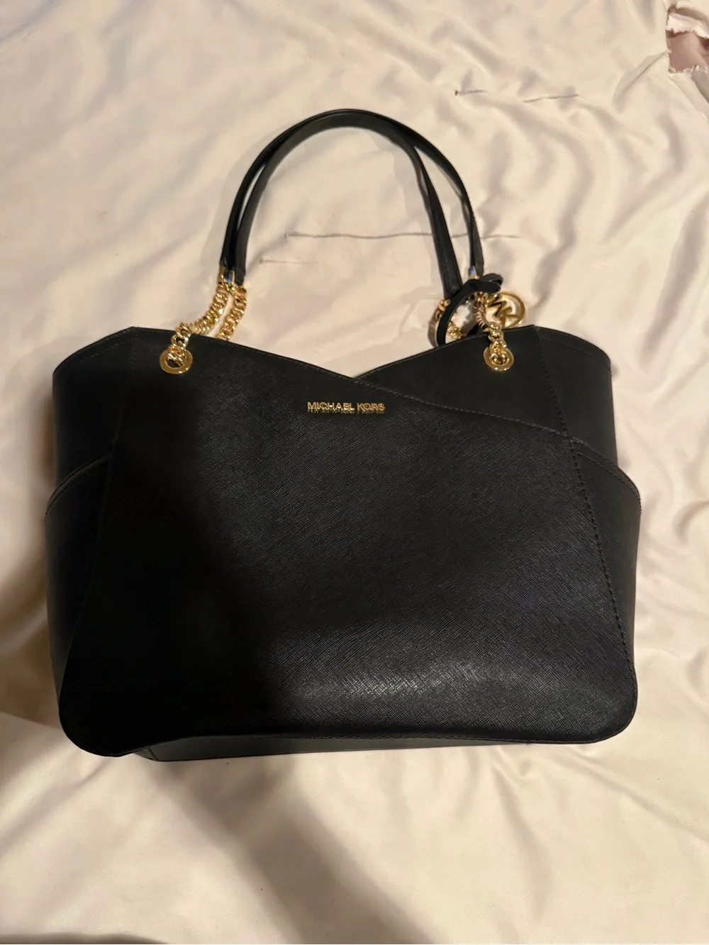 Michael Kors Black Saffiano Leather Tote with Gold Chain Straps
